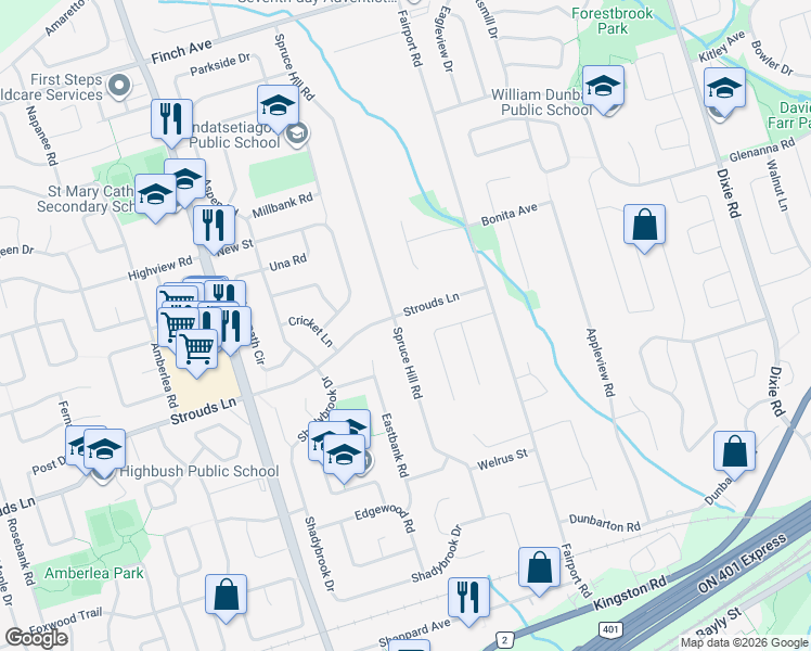 map of restaurants, bars, coffee shops, grocery stores, and more near 1847 Spruce Hill Road in Pickering