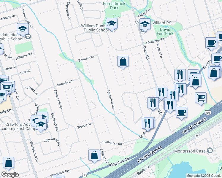 map of restaurants, bars, coffee shops, grocery stores, and more near 1829 Appleview Road in Pickering