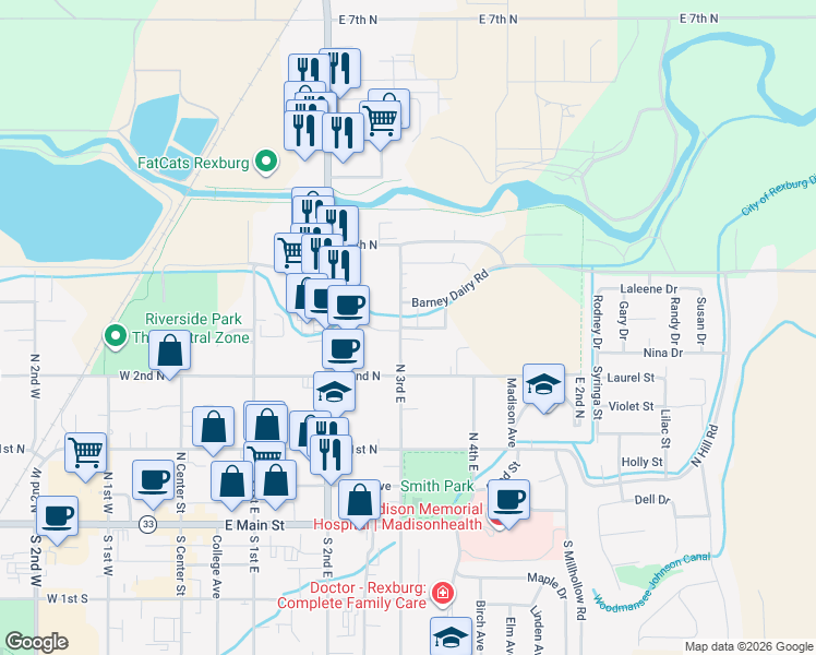 map of restaurants, bars, coffee shops, grocery stores, and more near 221 North 3rd East in Rexburg