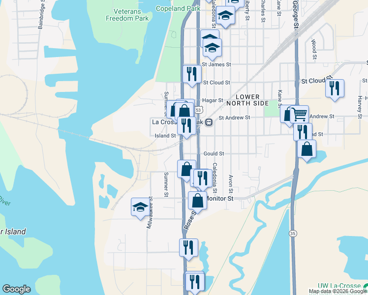 map of restaurants, bars, coffee shops, grocery stores, and more near 418 Gould Street in La Crosse