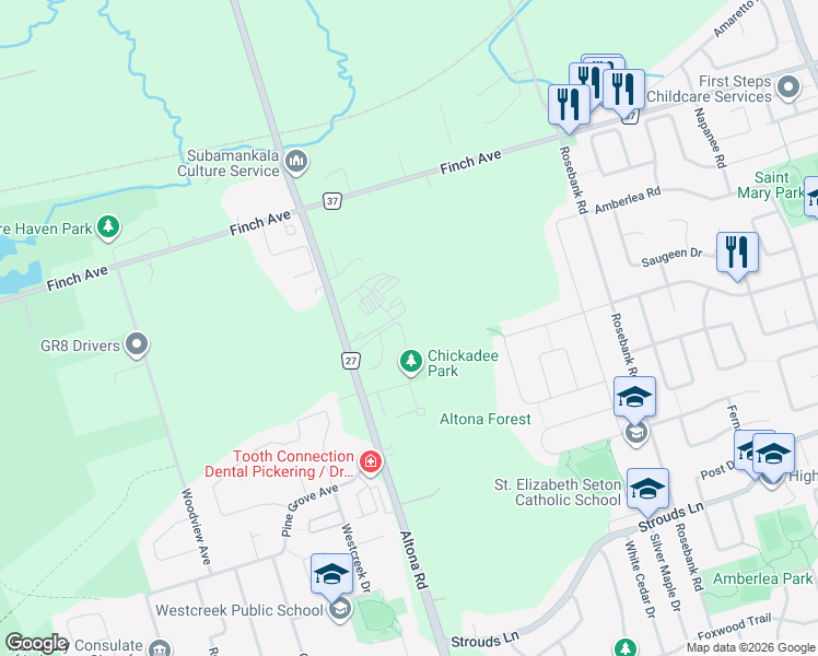 map of restaurants, bars, coffee shops, grocery stores, and more near 383 Sparrow Circle in Pickering
