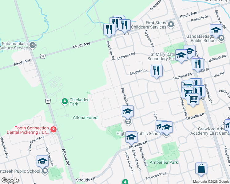 map of restaurants, bars, coffee shops, grocery stores, and more near Wildflower Drive in Pickering