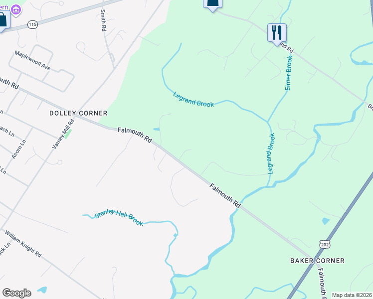 map of restaurants, bars, coffee shops, grocery stores, and more near 426 Falmouth Road in Windham