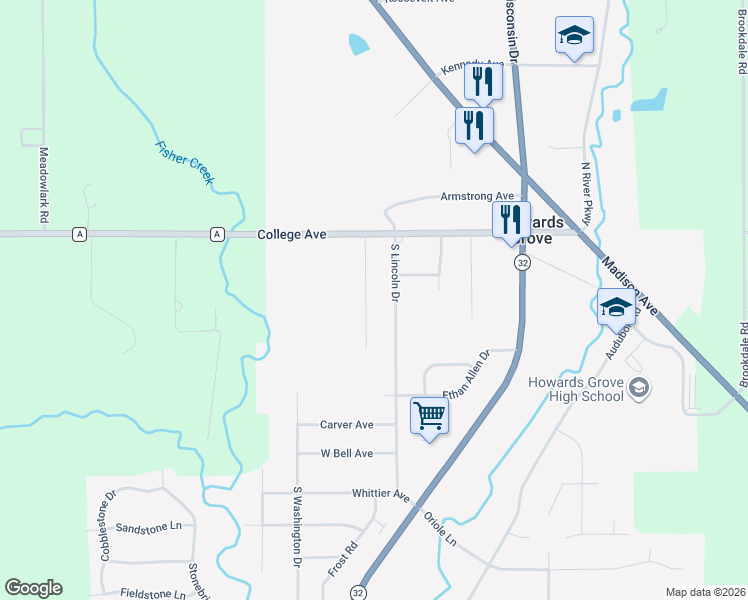 map of restaurants, bars, coffee shops, grocery stores, and more near 224 South Lincoln Drive in Howards Grove