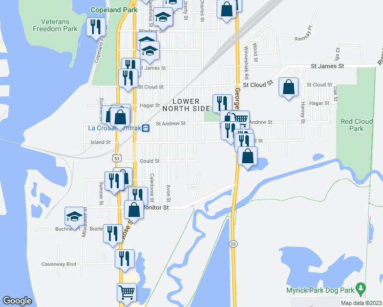 map of restaurants, bars, coffee shops, grocery stores, and more near 402 Liberty Street in La Crosse