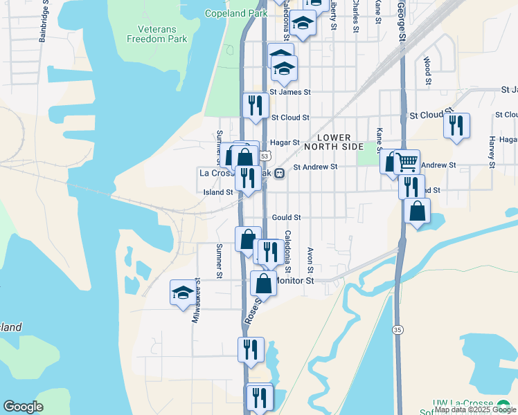 map of restaurants, bars, coffee shops, grocery stores, and more near 406 Island Street in La Crosse