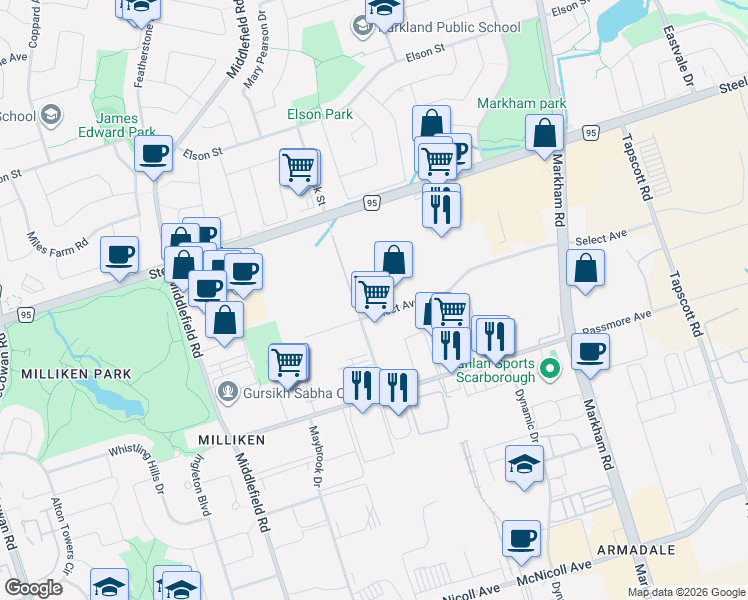map of restaurants, bars, coffee shops, grocery stores, and more near 95 State Crown Boulevard in Toronto