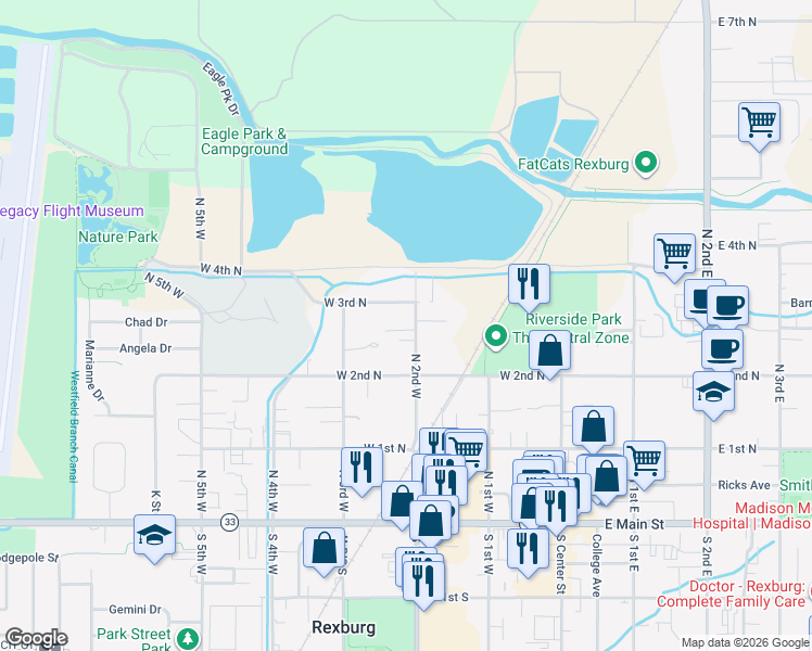 map of restaurants, bars, coffee shops, grocery stores, and more near 247 North 2nd West in Rexburg