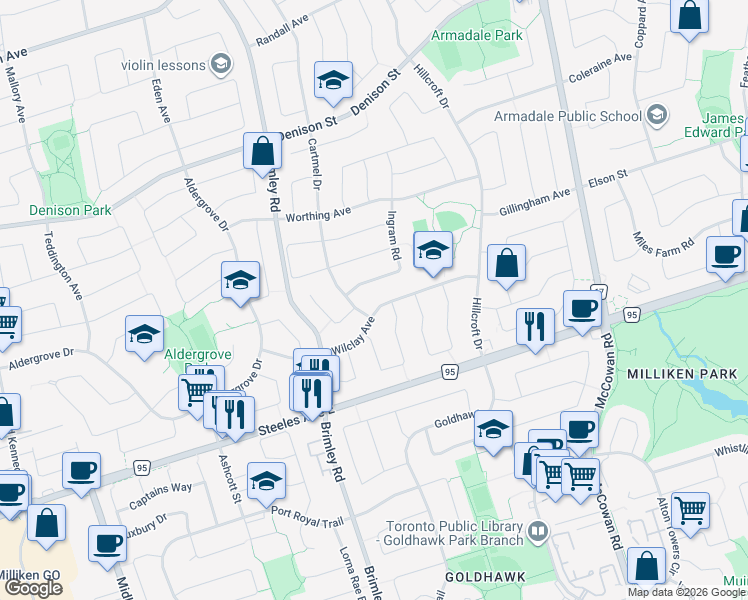map of restaurants, bars, coffee shops, grocery stores, and more near in Markham