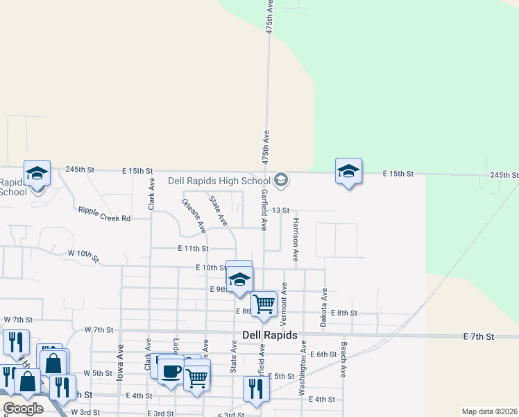 map of restaurants, bars, coffee shops, grocery stores, and more near 1205 Garfield Avenue in Dell Rapids