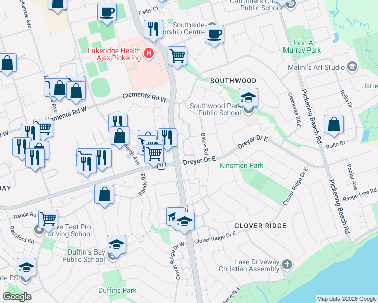 map of restaurants, bars, coffee shops, grocery stores, and more near 121 Deacon Lane in Ajax