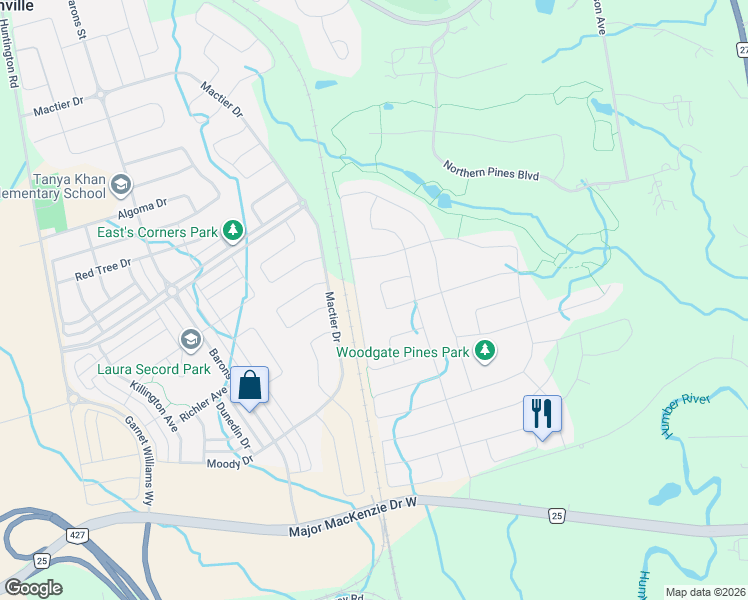 map of restaurants, bars, coffee shops, grocery stores, and more near 45 Torgan Trail in Vaughan
