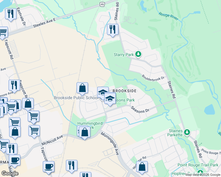 map of restaurants, bars, coffee shops, grocery stores, and more near 26 Grosbeak Crescent in Toronto