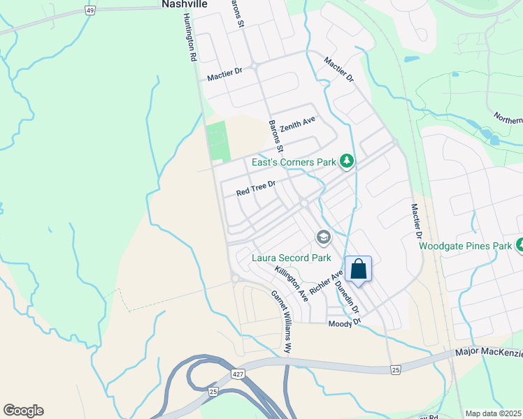 map of restaurants, bars, coffee shops, grocery stores, and more near Kincardine Street in Vaughan
