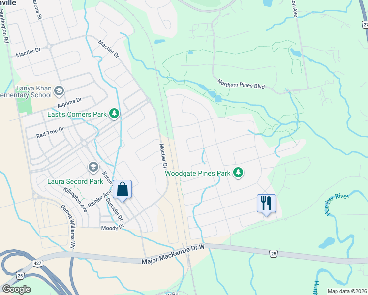 map of restaurants, bars, coffee shops, grocery stores, and more near 138 Torrey Pines Road in Vaughan