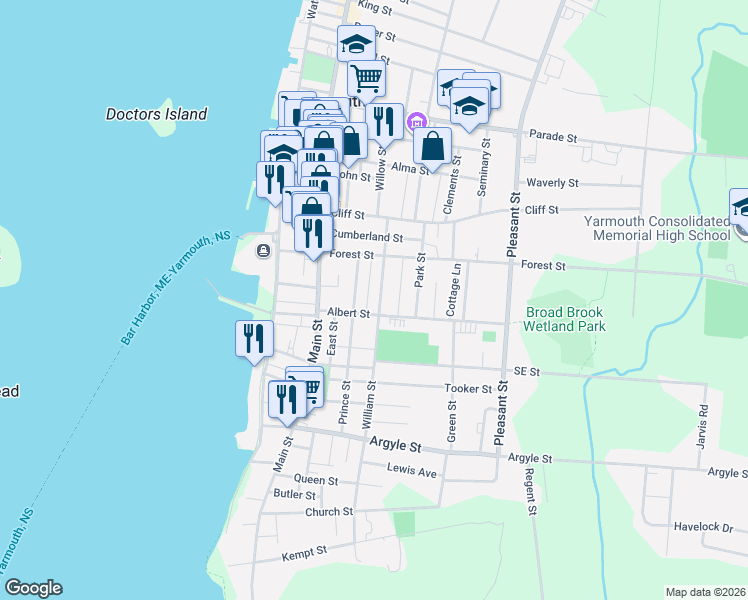 map of restaurants, bars, coffee shops, grocery stores, and more near 54 William Street in Yarmouth