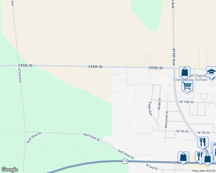 map of restaurants, bars, coffee shops, grocery stores, and more near 1012 Iron Circle in Dell Rapids