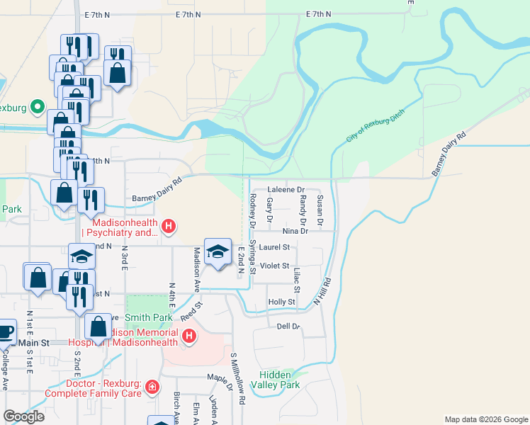 map of restaurants, bars, coffee shops, grocery stores, and more near 249 Gary Drive in Rexburg