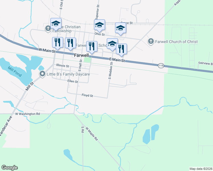 map of restaurants, bars, coffee shops, grocery stores, and more near 266-382 South Webber Street in Farwell