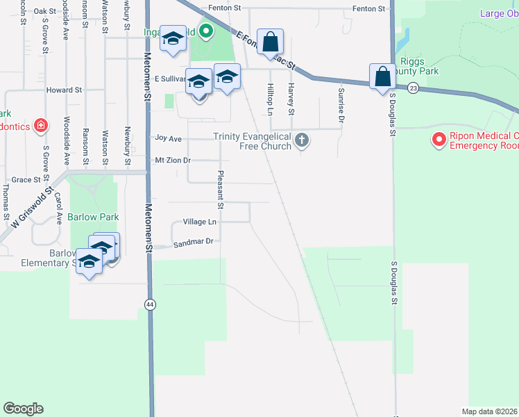 map of restaurants, bars, coffee shops, grocery stores, and more near 535 Ardmore Avenue in Ripon