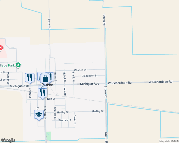 map of restaurants, bars, coffee shops, grocery stores, and more near 7060 Clabuesch Street in Pigeon