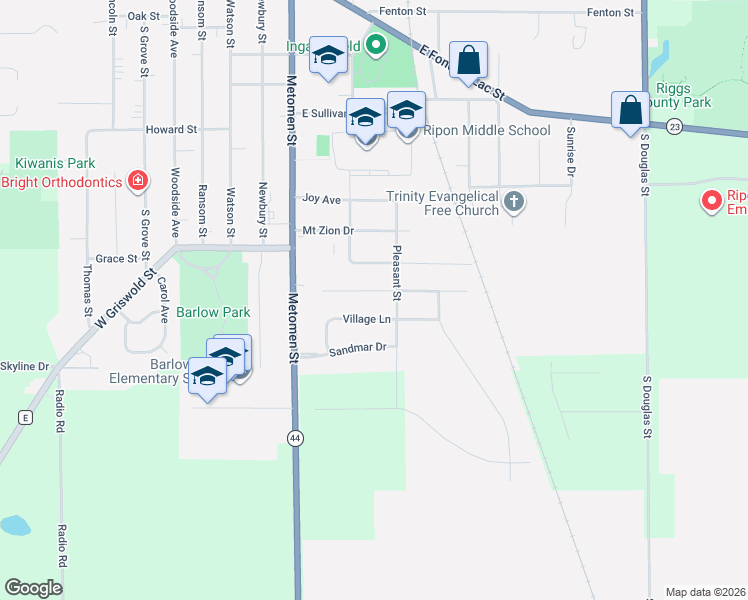 map of restaurants, bars, coffee shops, grocery stores, and more near 413 Ardmore Avenue in Ripon
