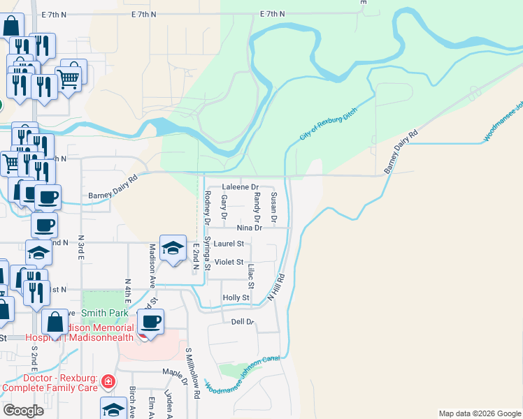 map of restaurants, bars, coffee shops, grocery stores, and more near 253 Susan Drive in Rexburg