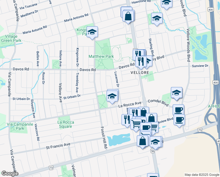 map of restaurants, bars, coffee shops, grocery stores, and more near 52 Montcalm Boulevard in Vaughan