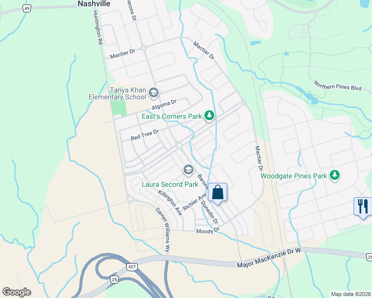 map of restaurants, bars, coffee shops, grocery stores, and more near in Vaughan