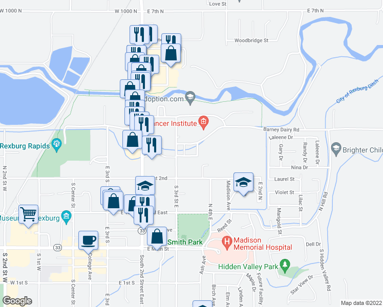 map of restaurants, bars, coffee shops, grocery stores, and more near 264 North 3rd East in Rexburg