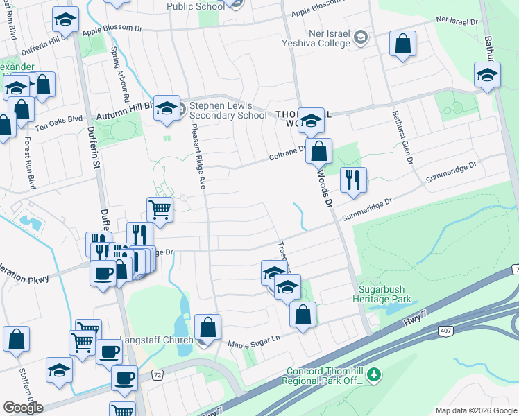 map of restaurants, bars, coffee shops, grocery stores, and more near 26 Hendel Drive in Vaughan