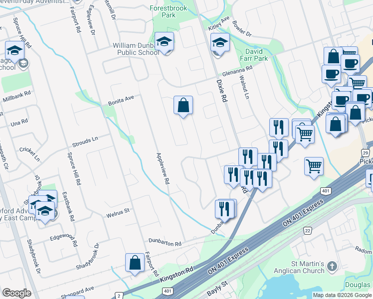 map of restaurants, bars, coffee shops, grocery stores, and more near 1040 Rambleberry Avenue in Pickering