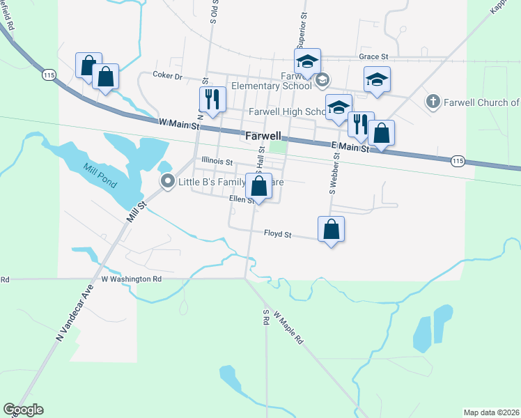 map of restaurants, bars, coffee shops, grocery stores, and more near 329 South Hall Street in Farwell
