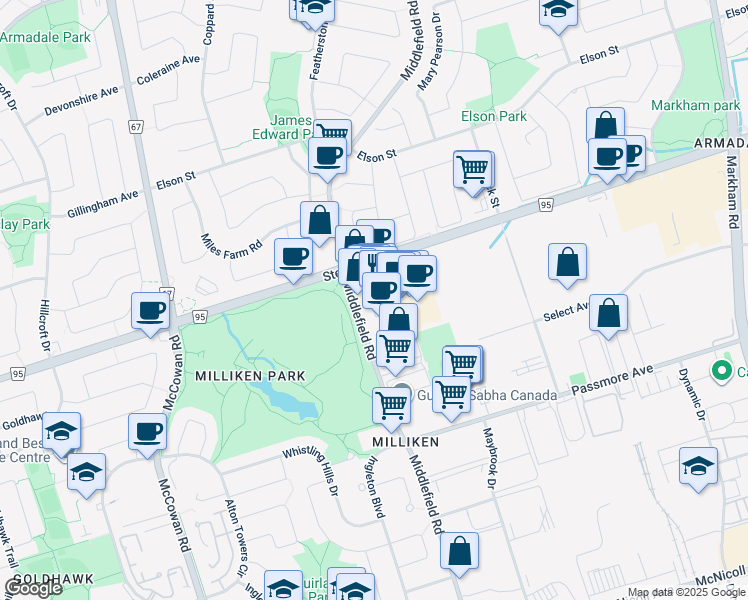 map of restaurants, bars, coffee shops, grocery stores, and more near 15-5651 Steeles Avenue East in Toronto