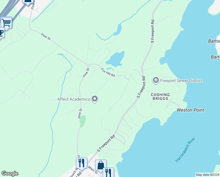 map of restaurants, bars, coffee shops, grocery stores, and more near 14 Harbor Ridge Road in Freeport