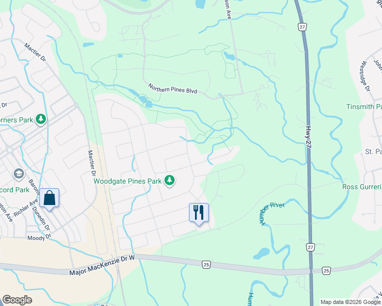 map of restaurants, bars, coffee shops, grocery stores, and more near 171 Woodgate Pines Drive in Vaughan