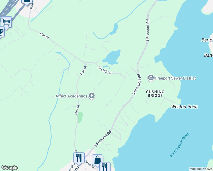 map of restaurants, bars, coffee shops, grocery stores, and more near 14 Harbor Ridge Rd in Freeport