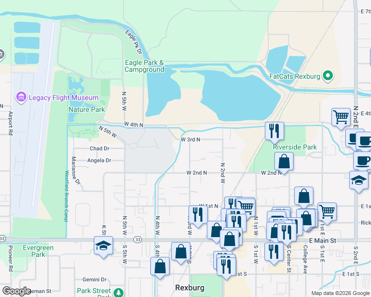 map of restaurants, bars, coffee shops, grocery stores, and more near 247 North 3rd West in Rexburg