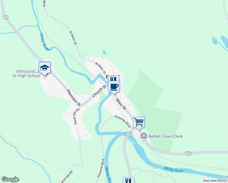 map of restaurants, bars, coffee shops, grocery stores, and more near 245 Main Street in Bethel