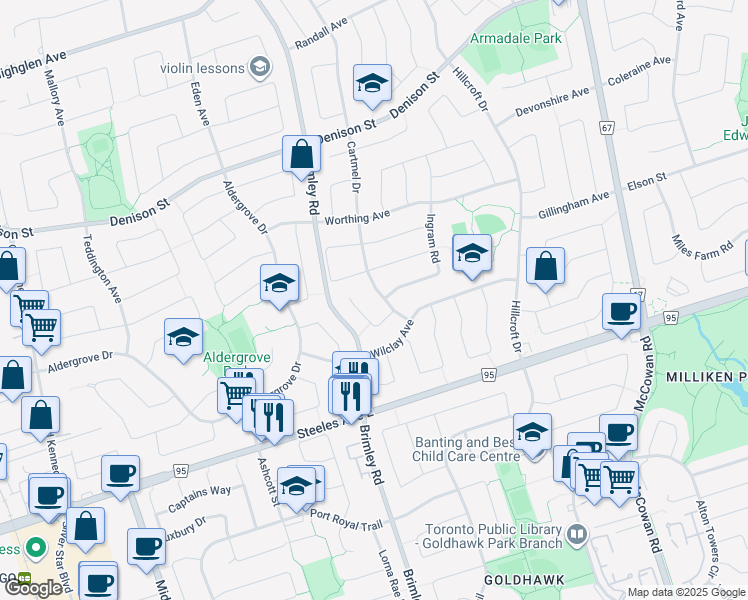 map of restaurants, bars, coffee shops, grocery stores, and more near in Markham