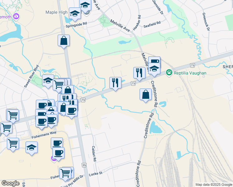 map of restaurants, bars, coffee shops, grocery stores, and more near 2839 Rutherford Road in Vaughan