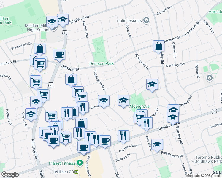 map of restaurants, bars, coffee shops, grocery stores, and more near 11 Dunbar Crescent in Markham