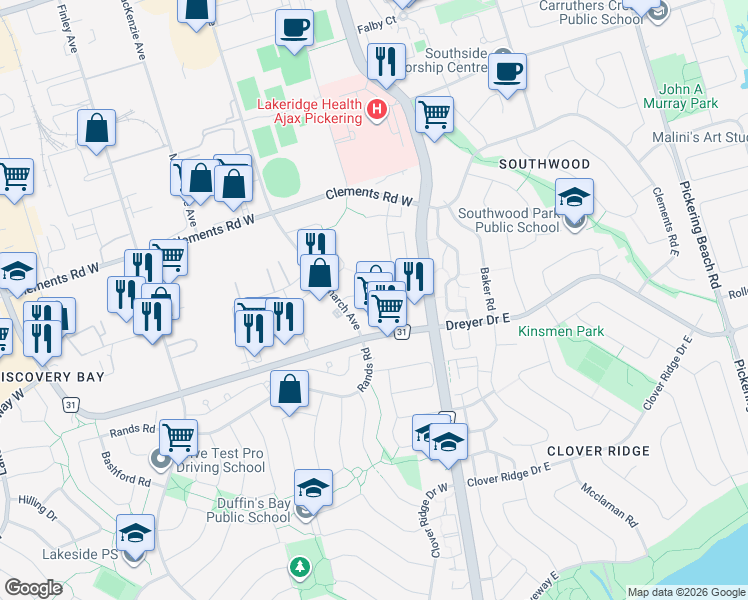 map of restaurants, bars, coffee shops, grocery stores, and more near 980 Westney Road South in Ajax