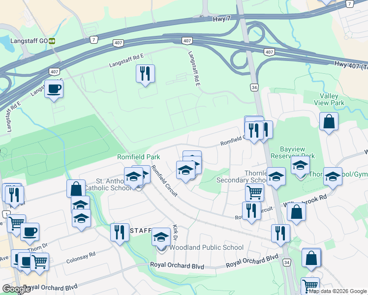 map of restaurants, bars, coffee shops, grocery stores, and more near 190 Romfield Circuit in Markham