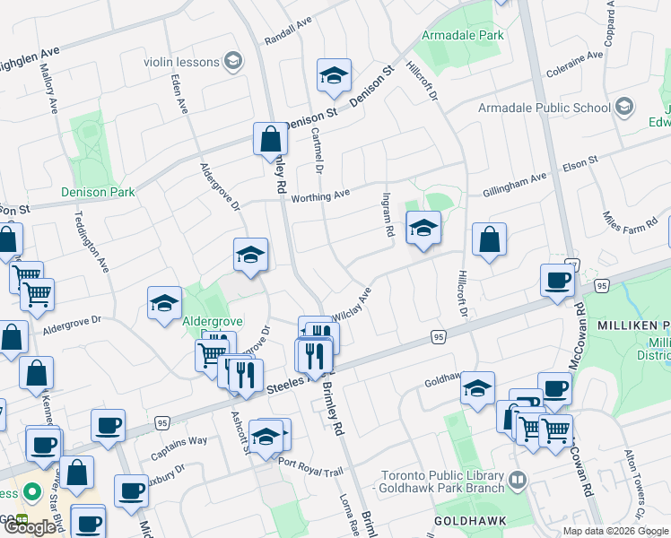 map of restaurants, bars, coffee shops, grocery stores, and more near 16 Cartmel Drive in Markham