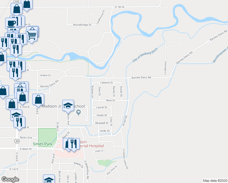 map of restaurants, bars, coffee shops, grocery stores, and more near Randy Drive in Rexburg