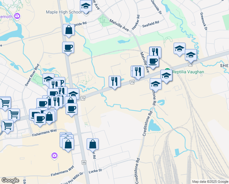 map of restaurants, bars, coffee shops, grocery stores, and more near 2839 Rutherford Road in Vaughan
