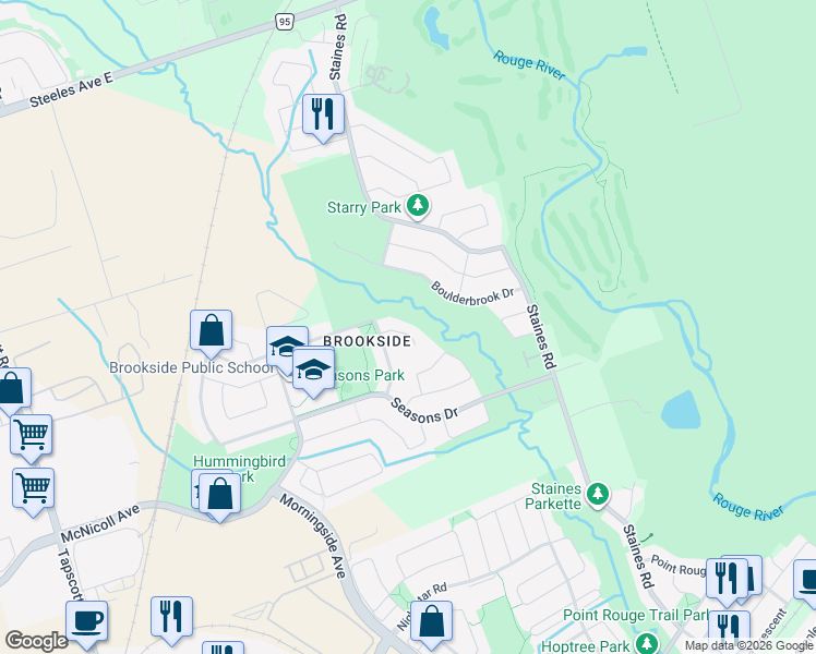 map of restaurants, bars, coffee shops, grocery stores, and more near 14 Trefoil Court in Toronto