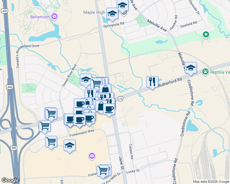 map of restaurants, bars, coffee shops, grocery stores, and more near 9225 Jane Street in Vaughan