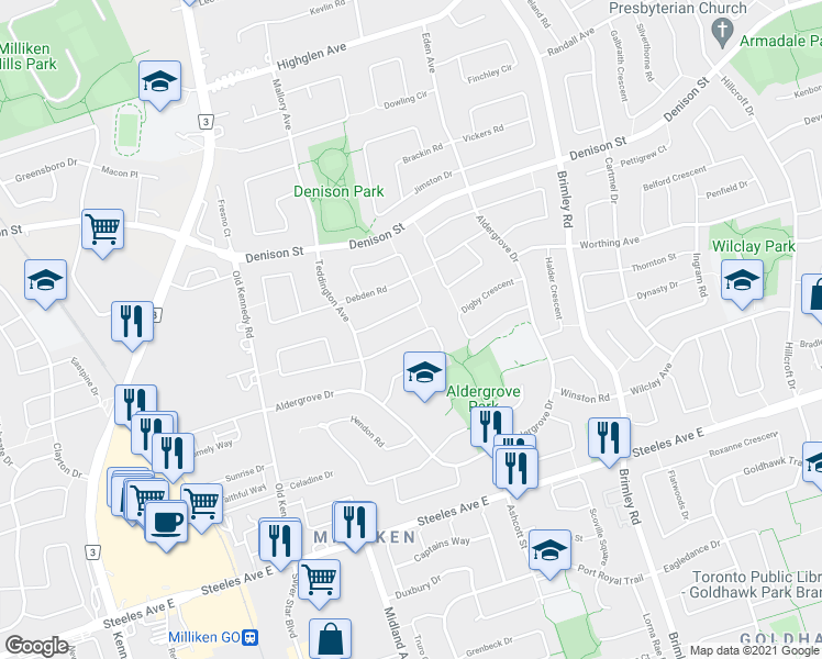 map of restaurants, bars, coffee shops, grocery stores, and more near 109 Tangmere Crescent in Markham